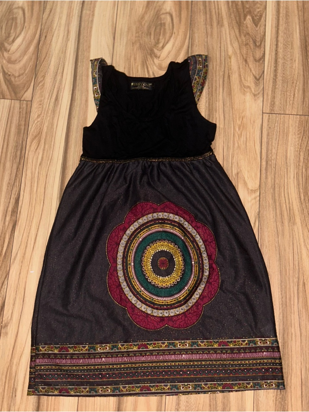 Pussycat London Black Dress with Multicolor Medallion